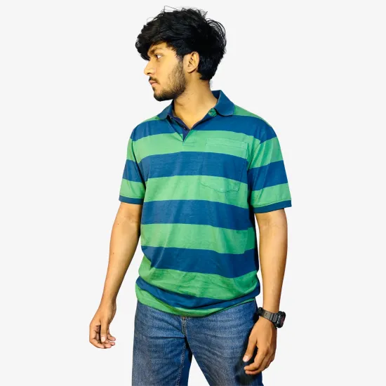 Men's Premium Blue Green Striped Polo T-Shirt